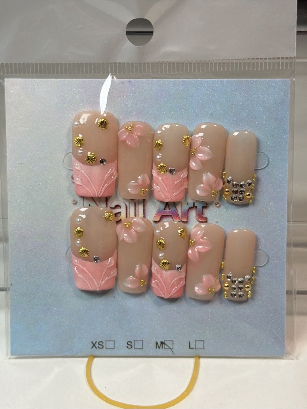 Press-On Nail Set with Pink Floral 3D Accents
